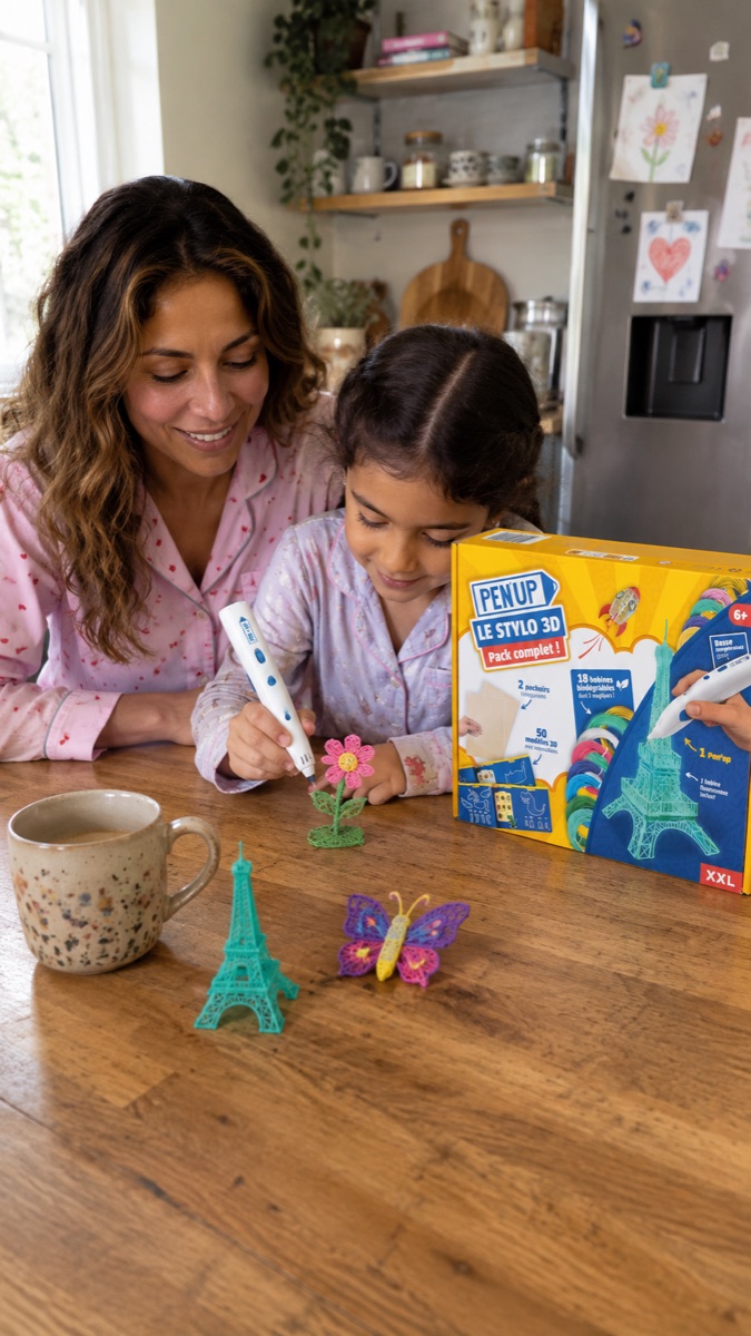 Un genitore e una bambina creano insieme con la penna 3D Pen'Up 3D