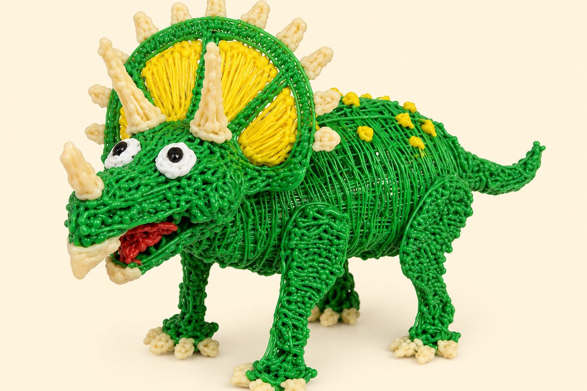 Un triceratopo verde e giallo in PCL, costruito con una penna 3D