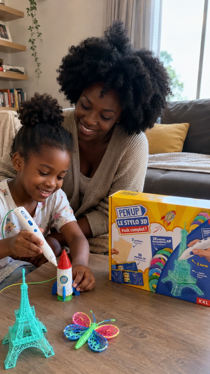 Bobine di filamento Fil'Up accanto alla penna 3D Pen'Up 3D